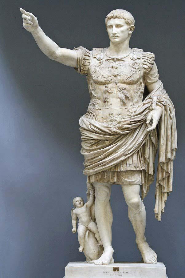 Why does the statue of Emperor Augustus have a baby attached to one leg?